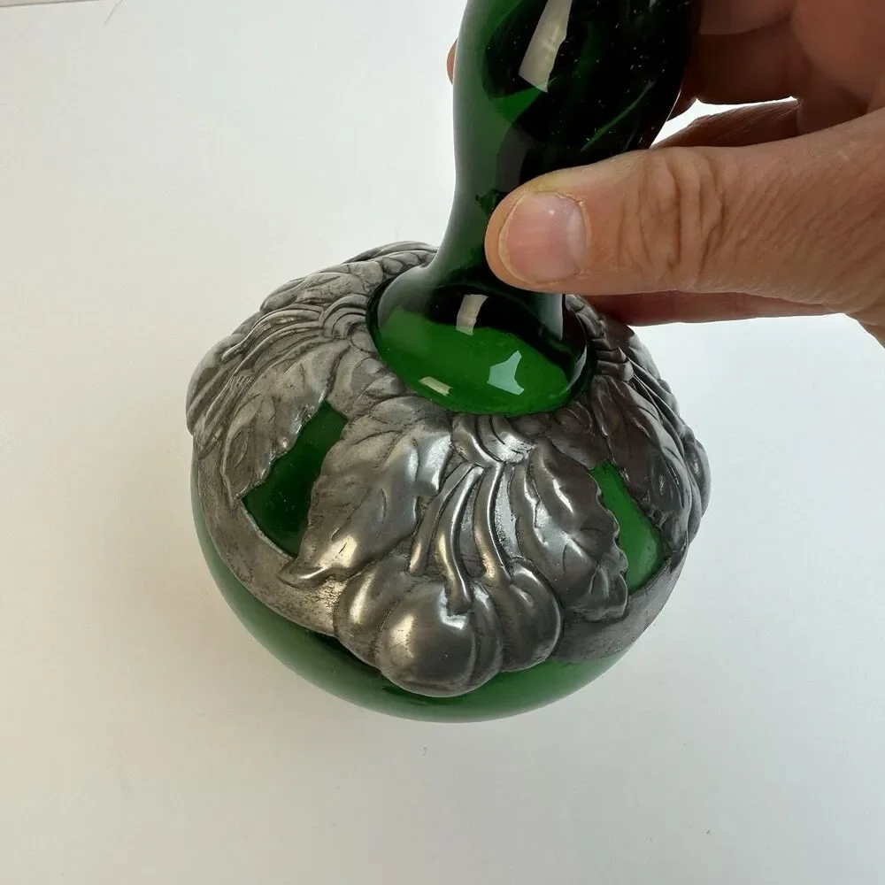 Green Genie Bottle Decanter 2 Glasses Pewter Cherry Overlay MCM Barware Vintage